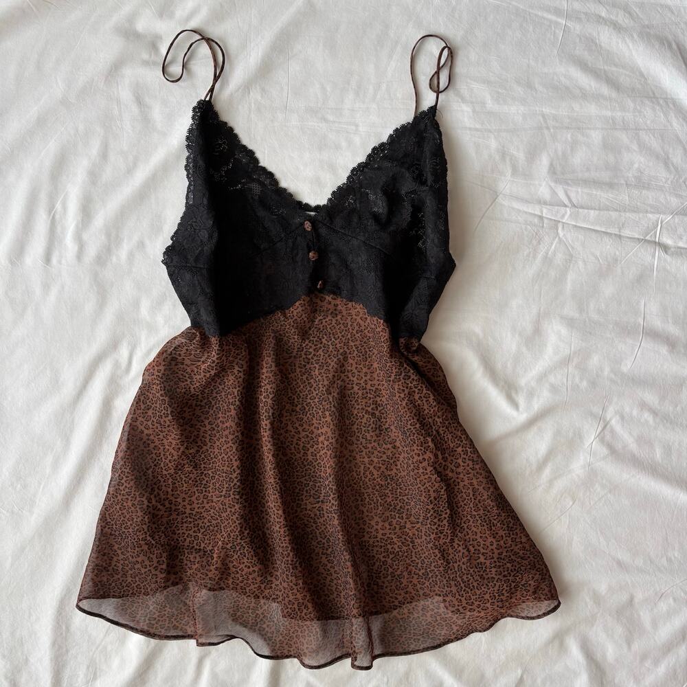Y2K Maidenform Black Lace & Leopard Mesh Slip Dress - Size XL